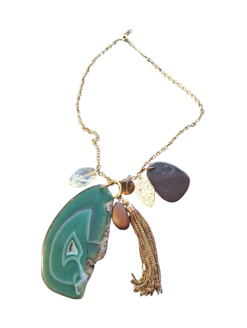 Statement Chain Necklace w/ Green Agate Slice & Tassels Bohemian Choker Length